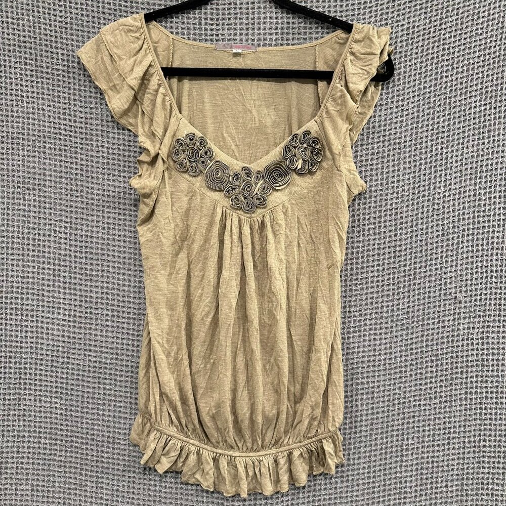 Vintage Y2K Julie's Closet Top Womens M Beige Rosette Applique Cottagecore Boho